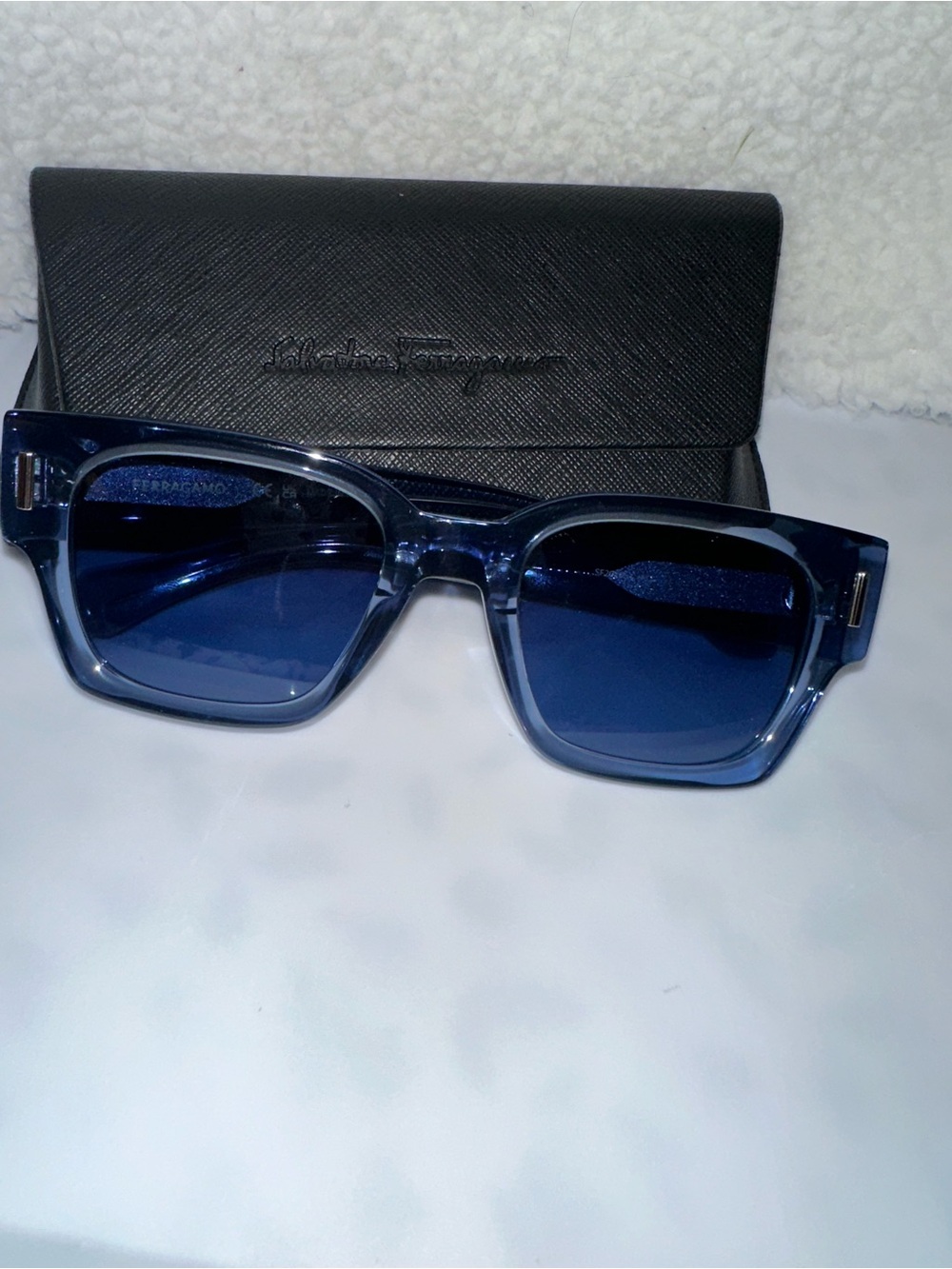 Salvatore Ferragamo Translucent Blue Square Sunglasses